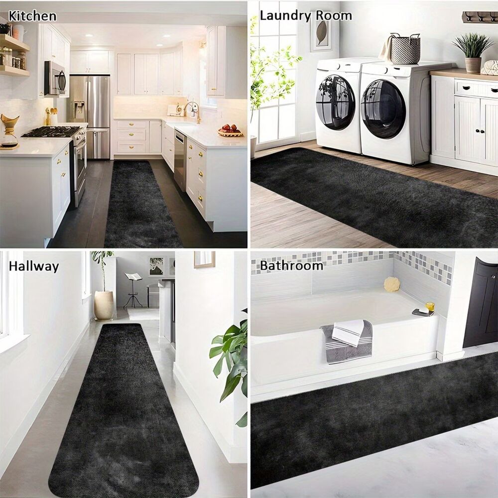 NIB - Long 47" x 20" Plush Velvet BLACK Bathroom Kitchen Runner Mat Absorbent